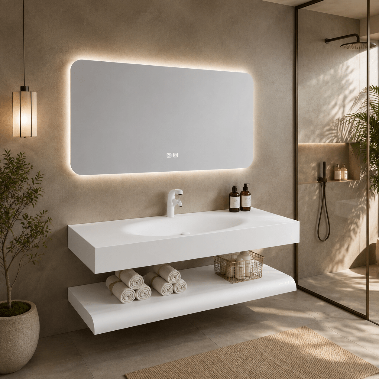 Lavabo Siena Stone 120 cm con espejo LED · Conjunto suspendido - Vintahome