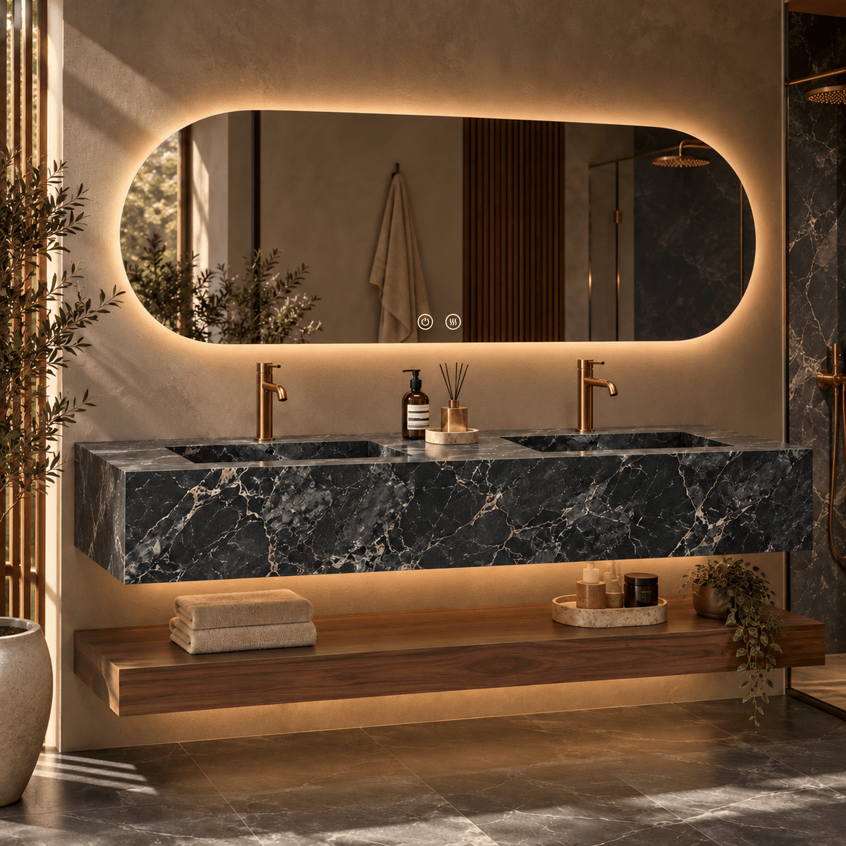 Lavabo suspendido doble Altessa 140 cm Piedra Sinterizada y Nogal - Vintahome