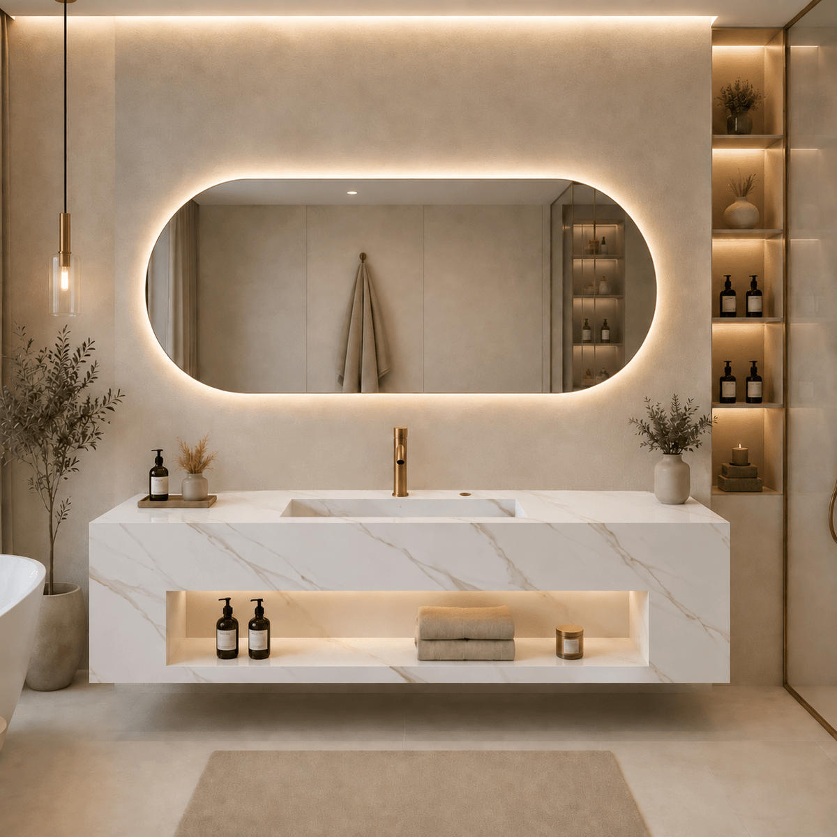 Lavabo Varenna de piedra sinterizada Calacatta Gold con espejo LED – Conjunto suspendido de baño - Vintahome
