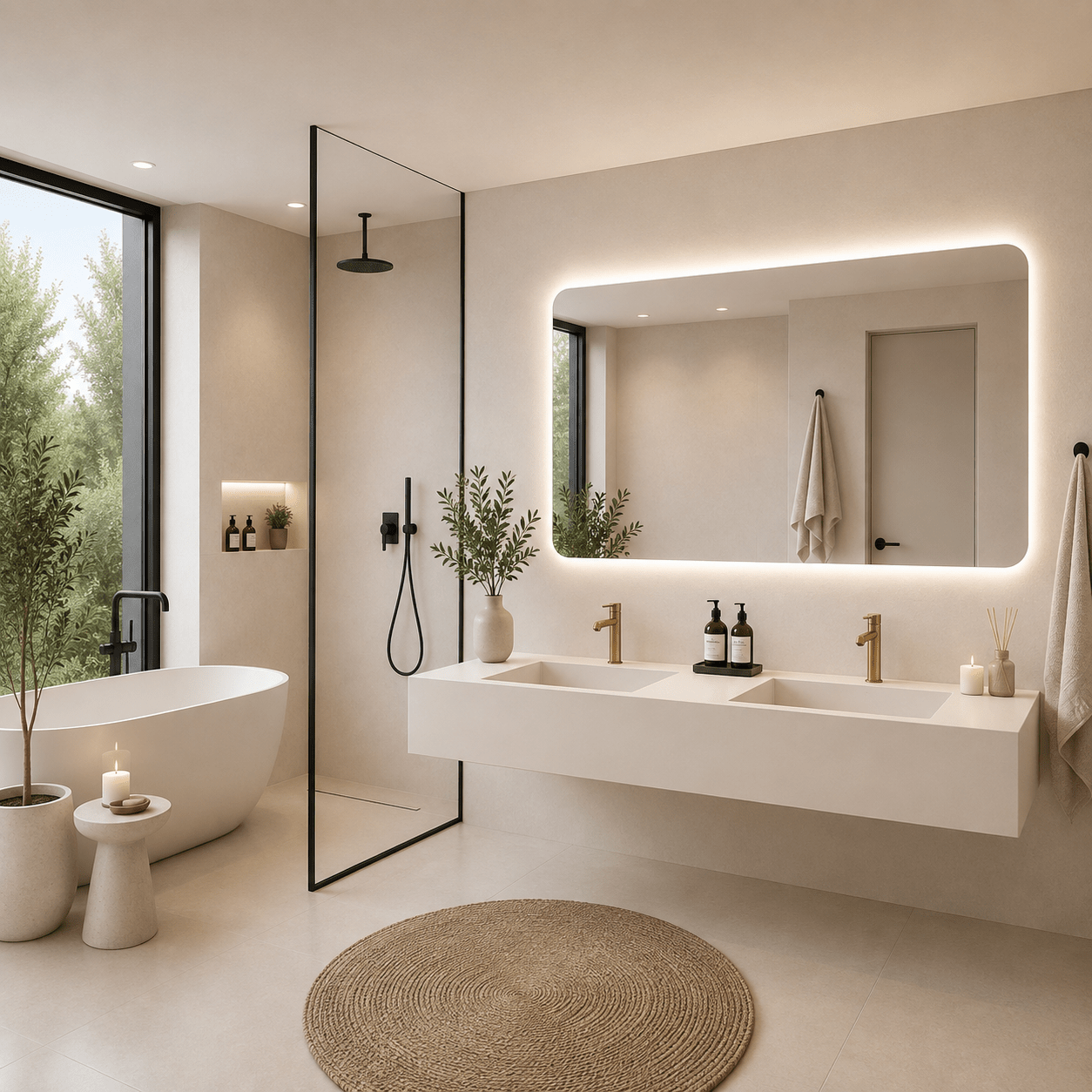 Lavabo Velar Beige de piedra sinterizada con espejo LED 140 - Conjunto suspendido de baño - Vintahome