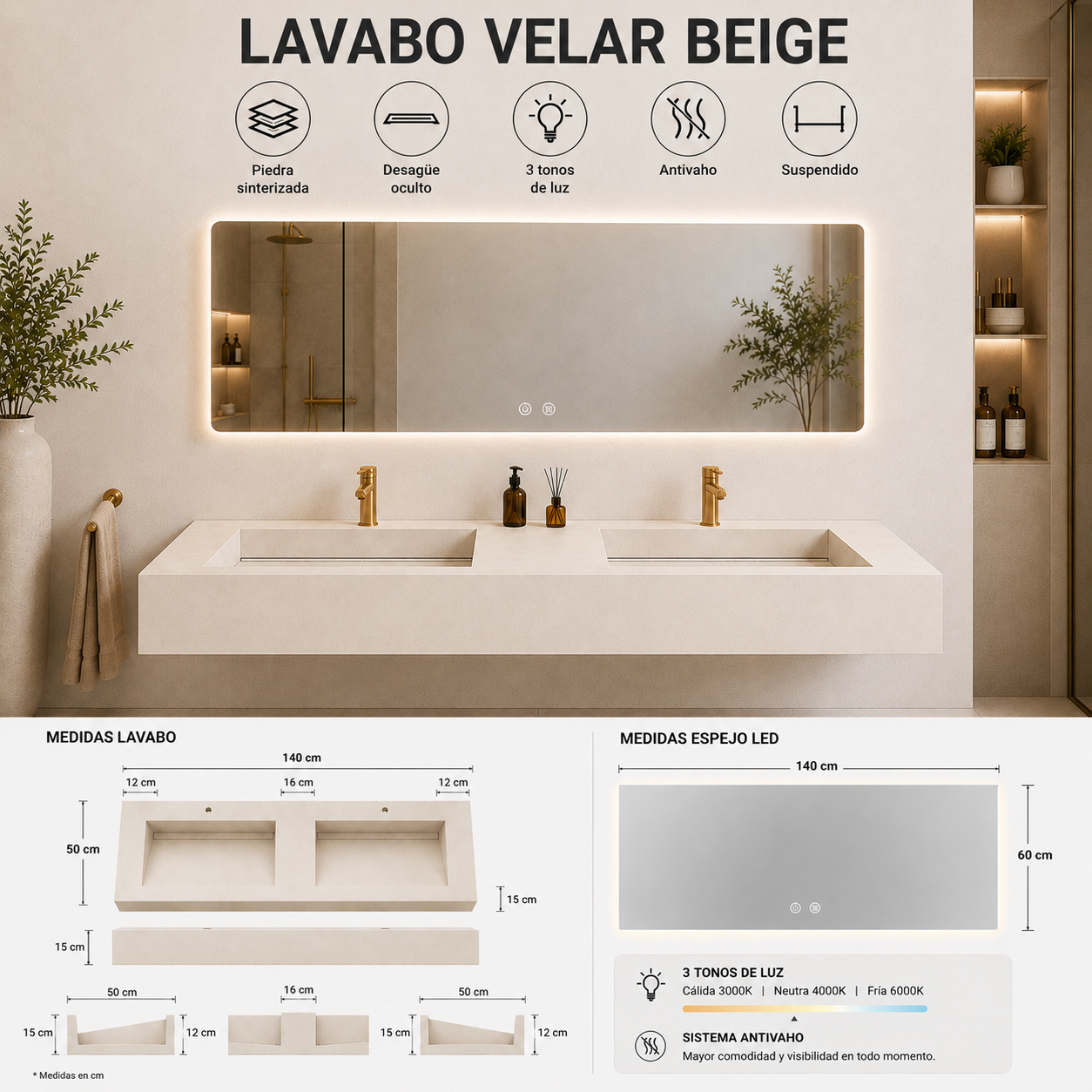 Medidas lavabo Velar Beige 140x50x15 cm con doble seno y desagüe oculto
