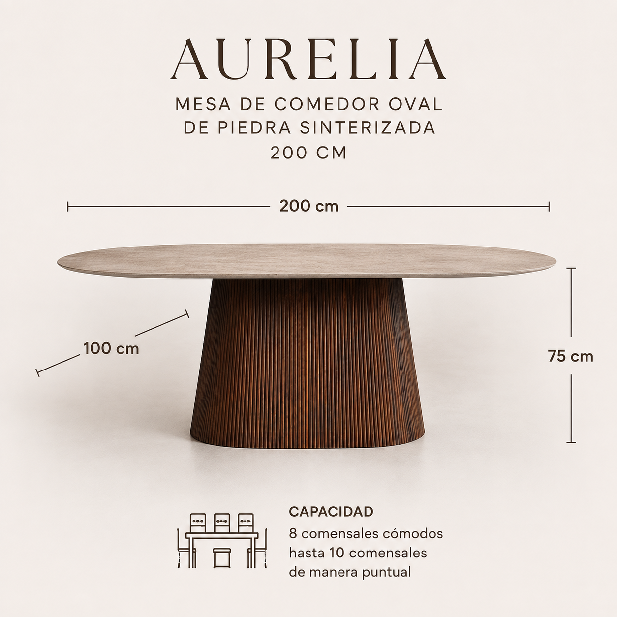 Medidas mesa de comedor oval Aurelia 200 x 100 x 75 cm para 8 comensales