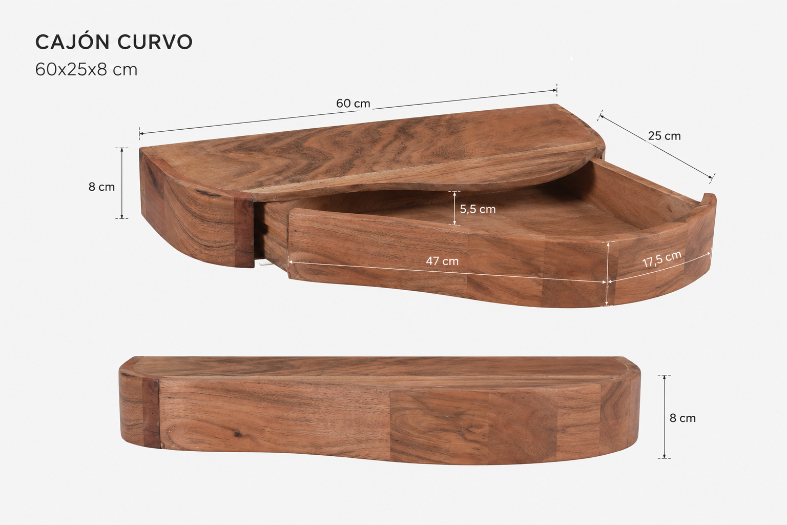 Medidas de la mesilla flotante Nuba de madera maciza de acacia con cajón curvo de 60 × 25 × 8 cm.