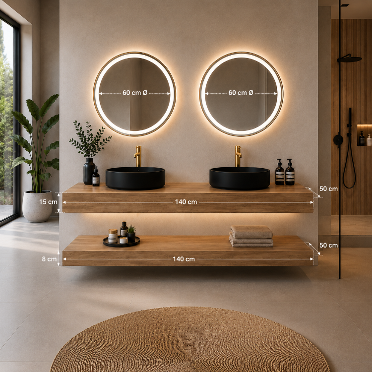 Medidas mueble de baño Mauricio Gold 140 cm con doble lavabo redondo negro y espejos LED