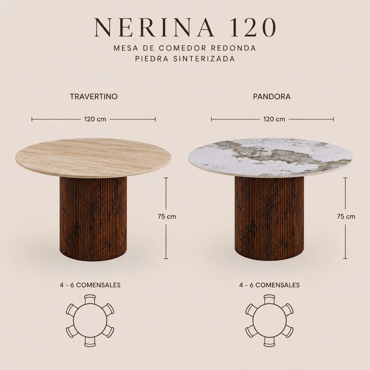 Mesa de comedor redonda de piedra sinterizada Nerina 120 cm
