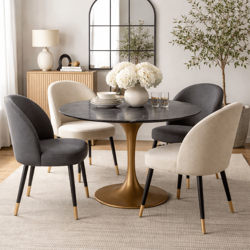 Mesa comedor Tuli inox dorada tapa mármol blanco/negro Ø 80 - 90 - 100 - 110 - 120 cm - Vintahome