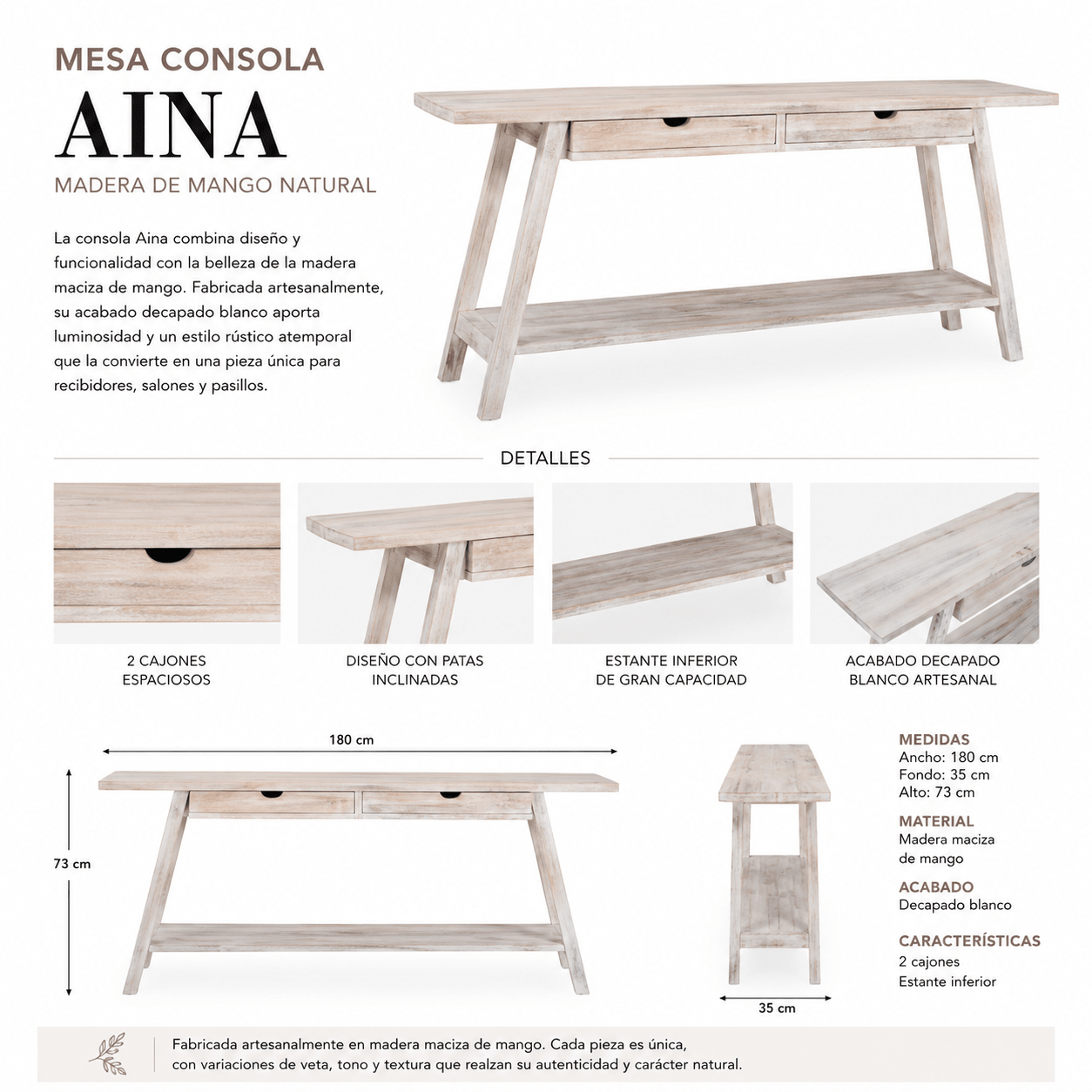 Aina Konsolentisch aus natürlichem Mangoholz 180 cm - Vintahome