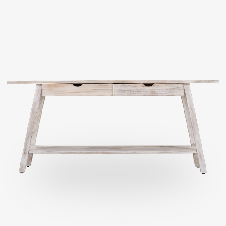 Mesa Consola Aina de madera maciza de mango natural de 180 cm con dos cajones y estante inferior.