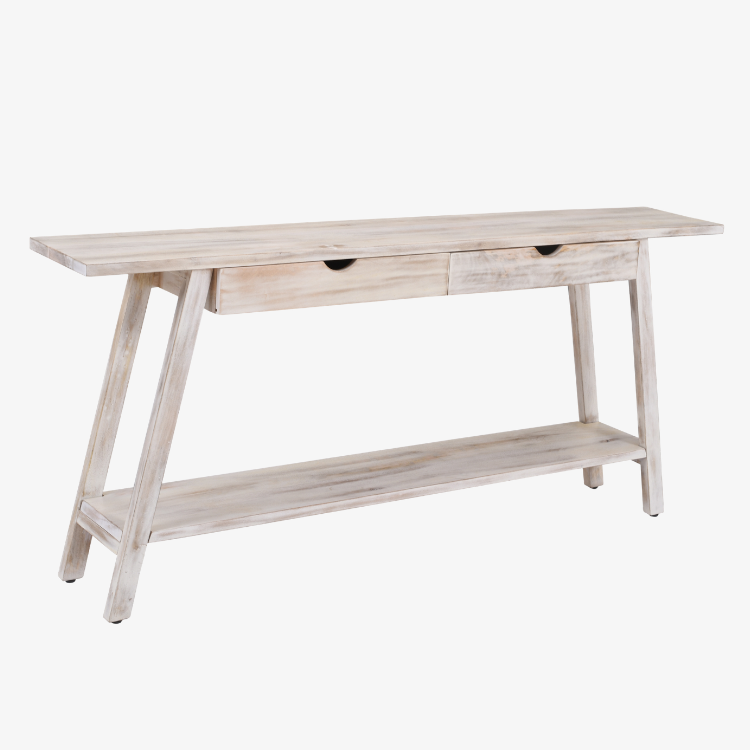 Mesa Consola Aina de madera de mango natural vista en perspectiva con acabado decapado blanco y dos cajones.