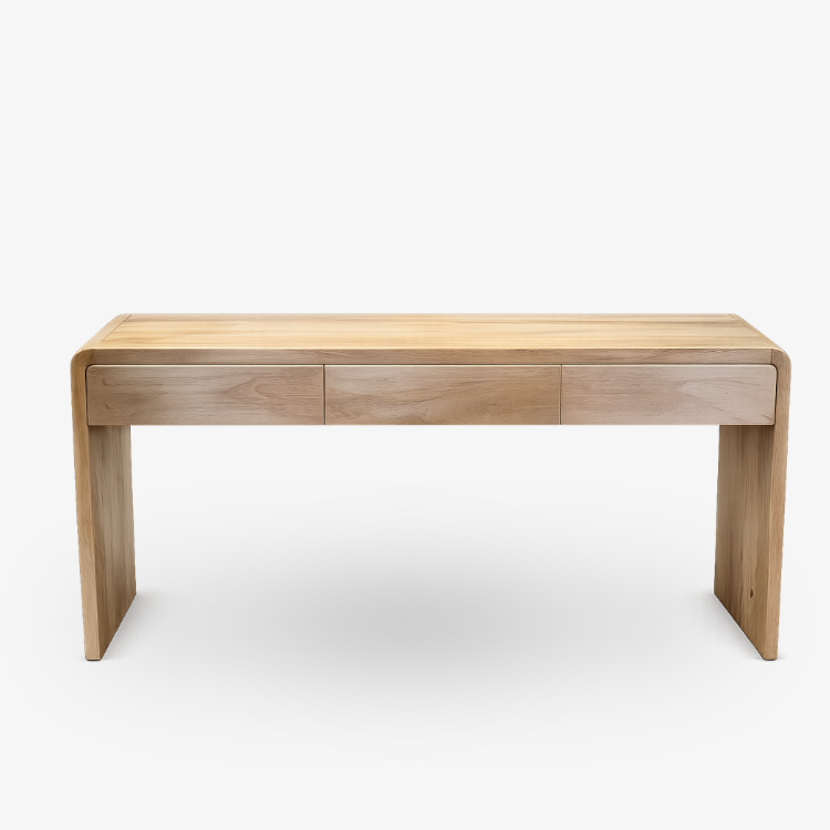 Mesa consola Aria de madera de mango natural con tres cajones y diseño minimalista. Medidas 153x45x73 cm.