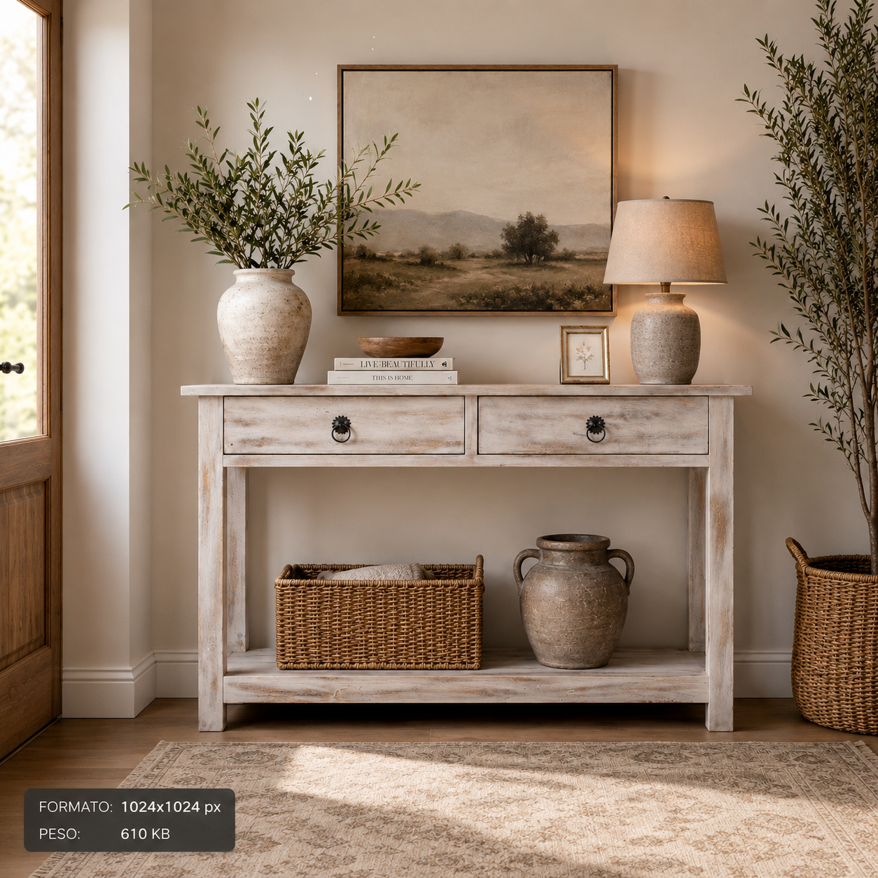 Mesa Consola Elma de madera maciza de mango natural de 120 cm decorando un recibidor de estilo rústico y mediterráneo.