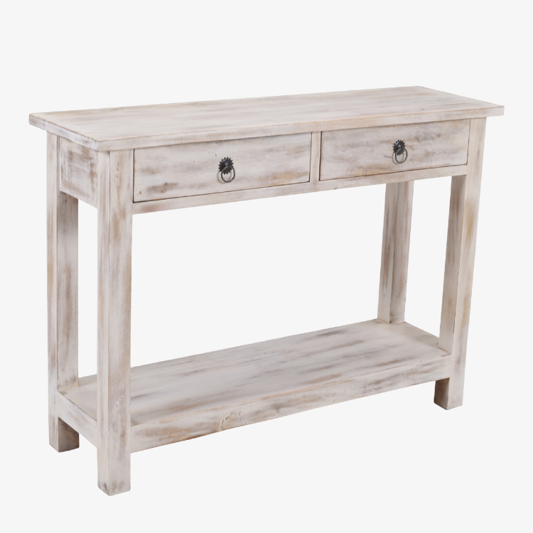Mesa Consola Elma de madera maciza de mango natural vista en perspectiva con dos cajones y estante inferior.