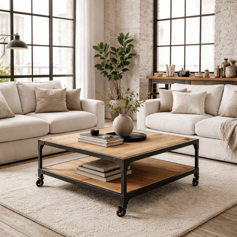 Industrieller Couchtisch aus Holz 100x100 Atila - Vintahome