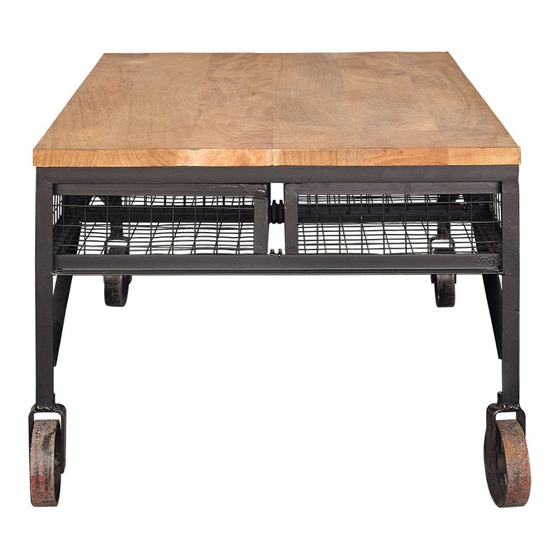 Table basse industrielle en manguier avec roulettes Castell