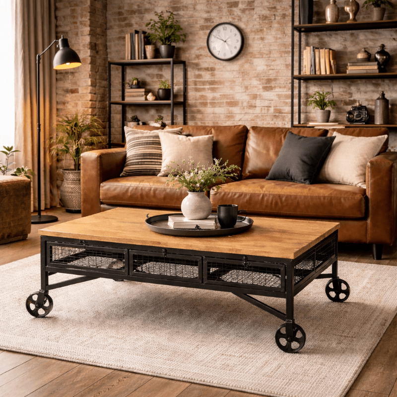 Industrieller Couchtisch aus Mangoholz mit Rollen Castell - Vintahome