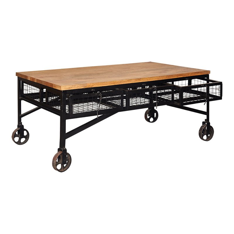 Table basse industrielle en manguier avec roulettes Castell