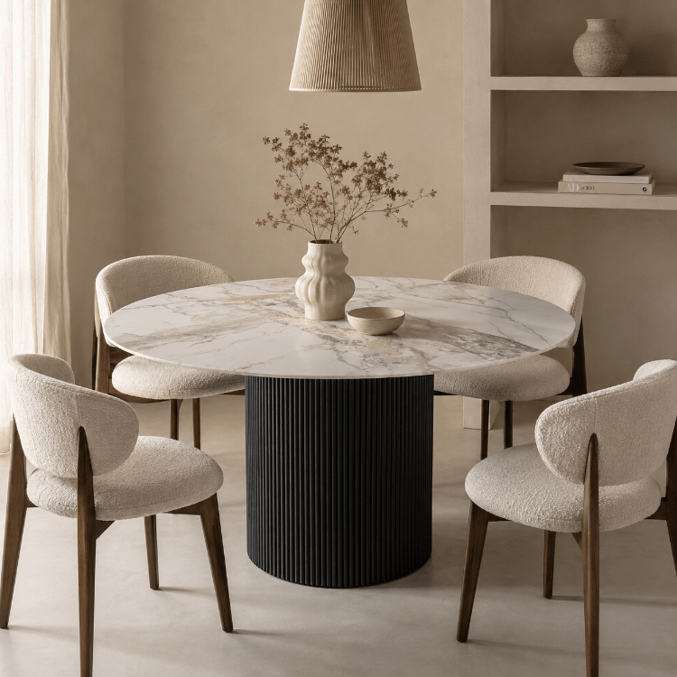 Mesa de comedor acero y piedra sinterizada Ø130 Rima - Vintahome