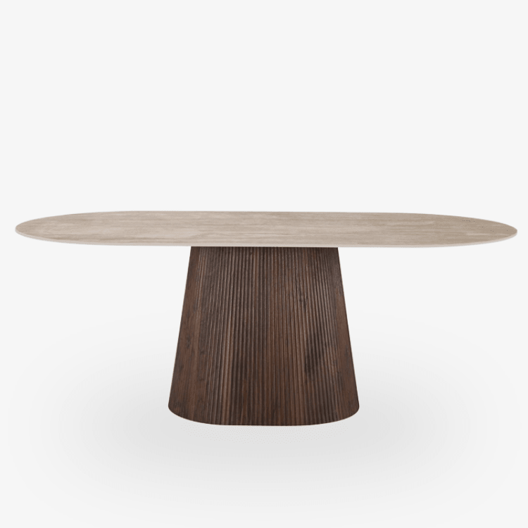 Mesa de comedor oval de piedra sinterizada efecto travertino 200 cm Aurelia - Vintahome