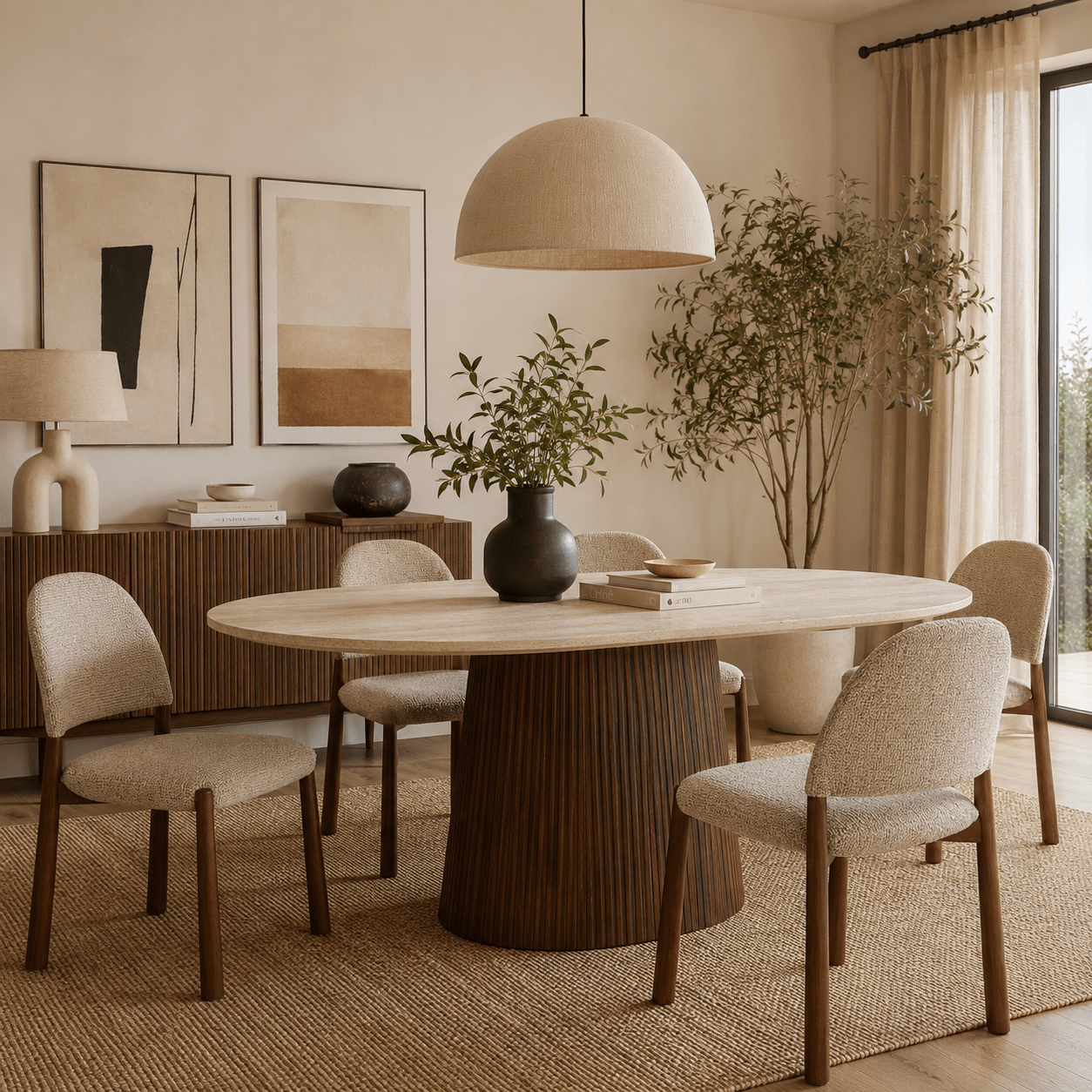 Mesa de comedor oval de piedra sinterizada efecto travertino 200 cm Aurelia - Vintahome