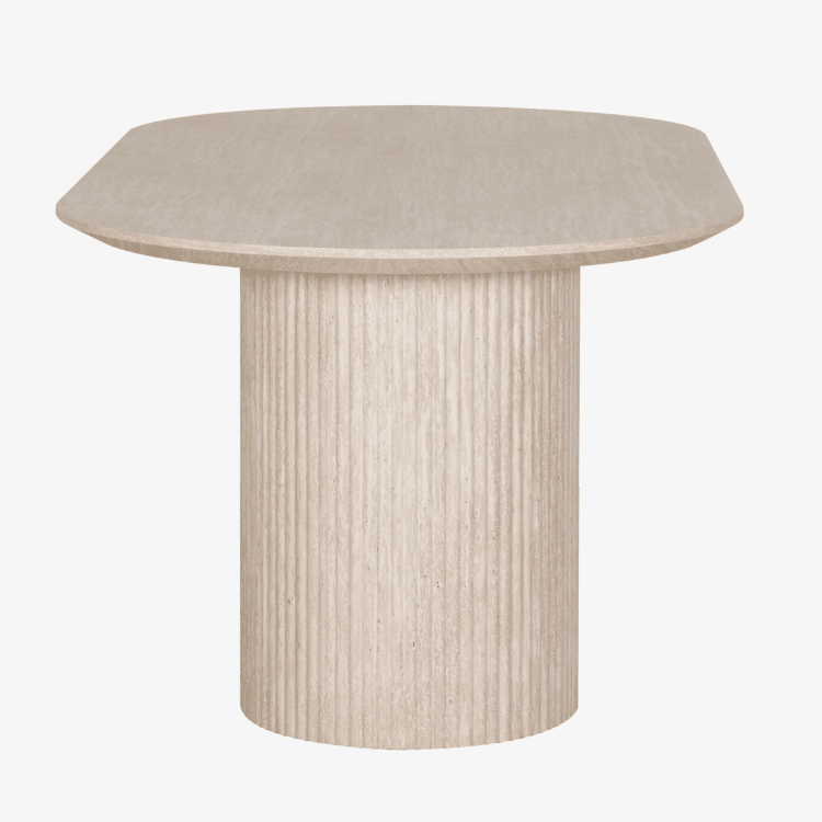 Vista posterior de la mesa de comedor ovalada Petra con doble pedestal estriado