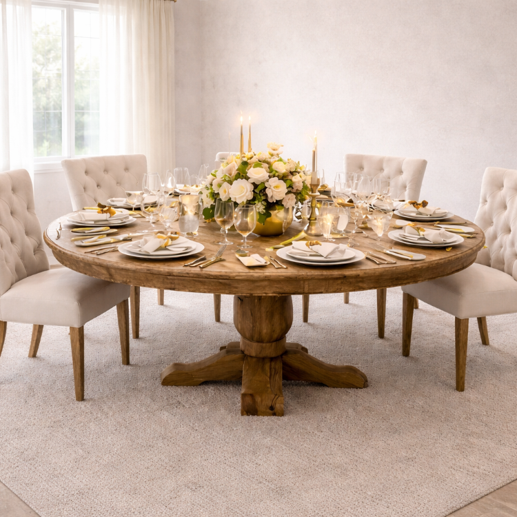 Mesa redonda elegante de mango macizo Lille 150 cm en comedor clásico con sillas tapizadas beige