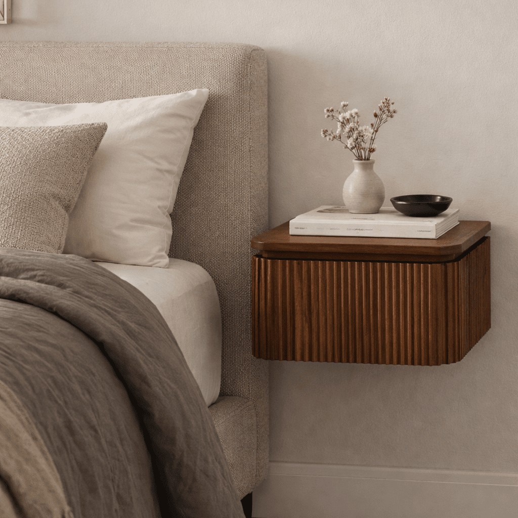 Nachttisch KIRAN aus geriffeltem Mangoholz – Walnuss-Finish – Vintahome