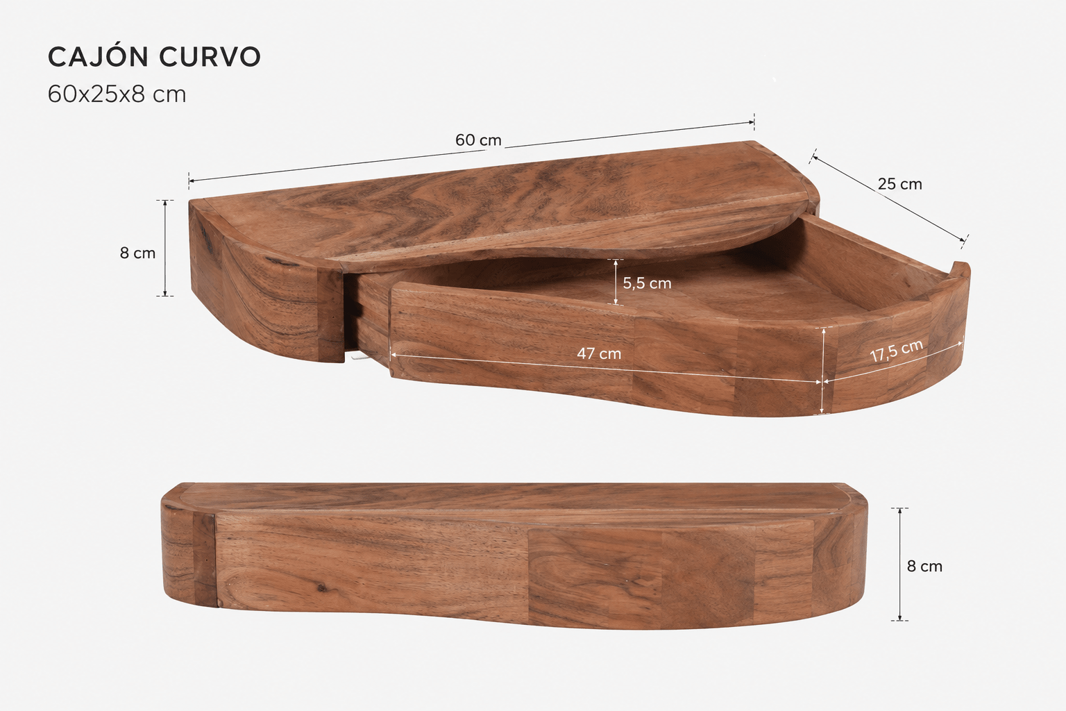 Mesilla flotante Nuba de madera maciza de acacia con cajón curvo 60 × 25 × 8 cm - Vintahome