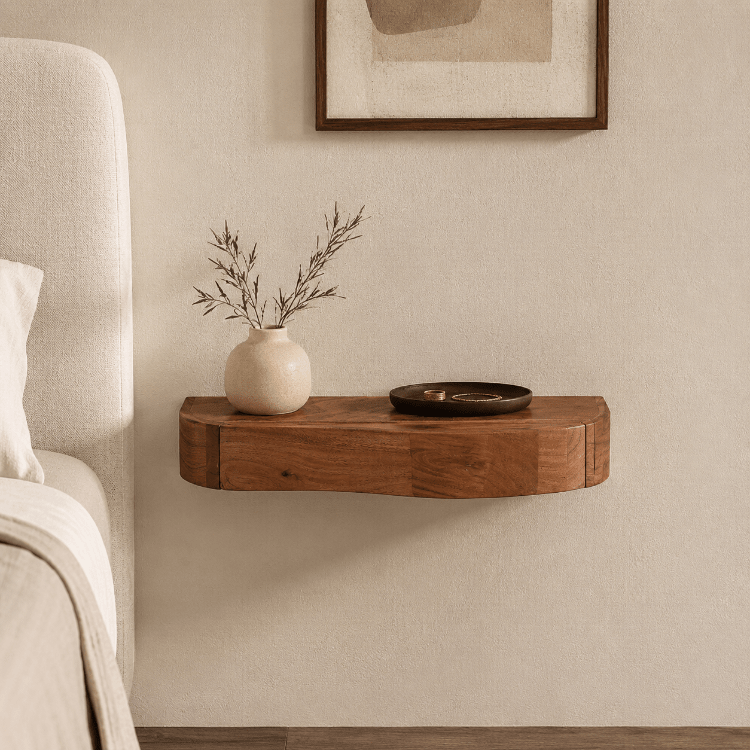 Mesilla flotante Nuba de madera maciza de acacia con cajón curvo 60 × 25 × 8 cm - Vintahome