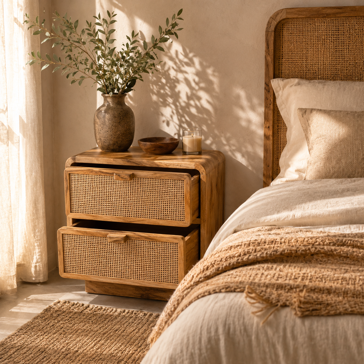 Mesilla de noche Liora de madera de mango natural y yute en dormitorio cálido y natural