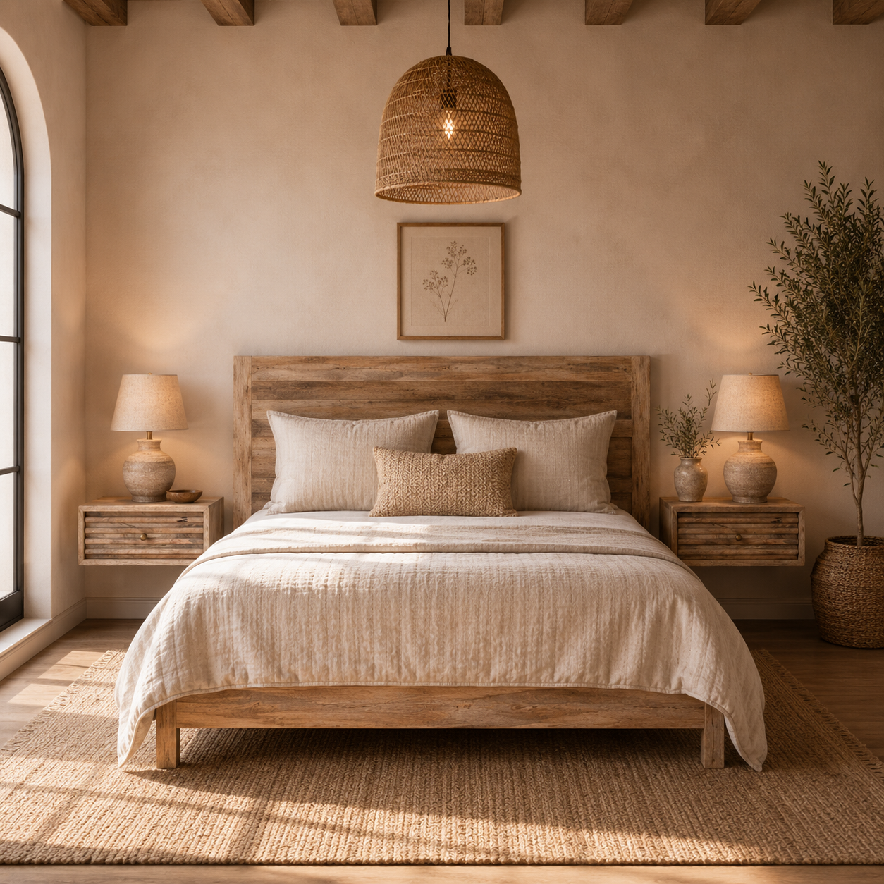 Mesilla de Noche Arlet de madera maciza de mango natural de 45 cm en un dormitorio de estilo rústico mediterráneo con cama de matrimonio.