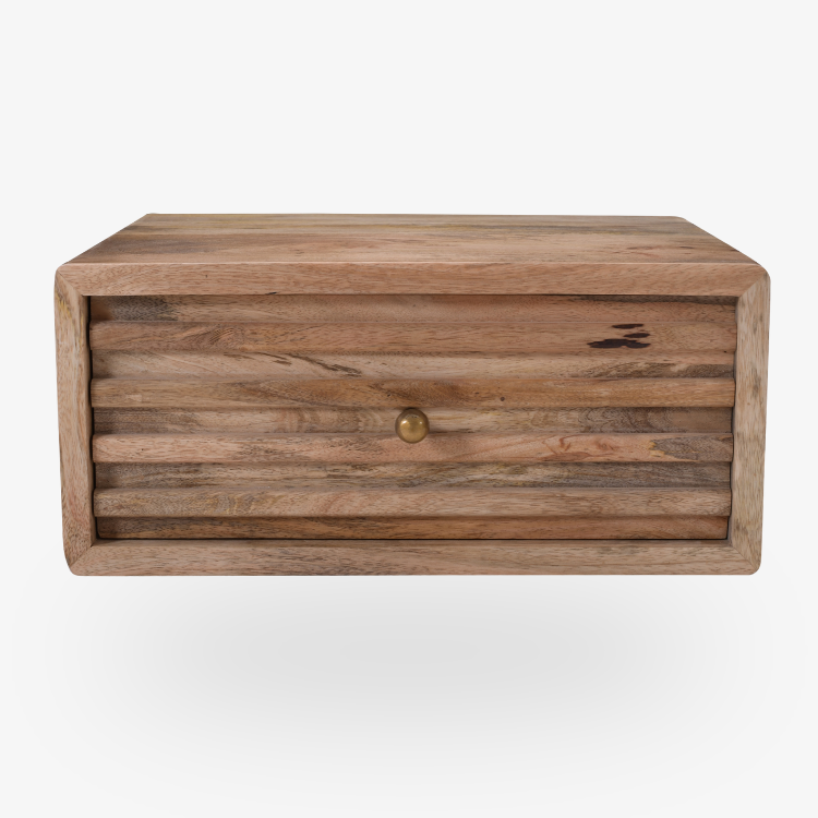 Mesilla de Noche Arlet de madera maciza de mango natural con un cajón y acabado artesanal.