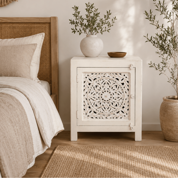 Mesita de noche tallada madera blanco Moly - Vintahome