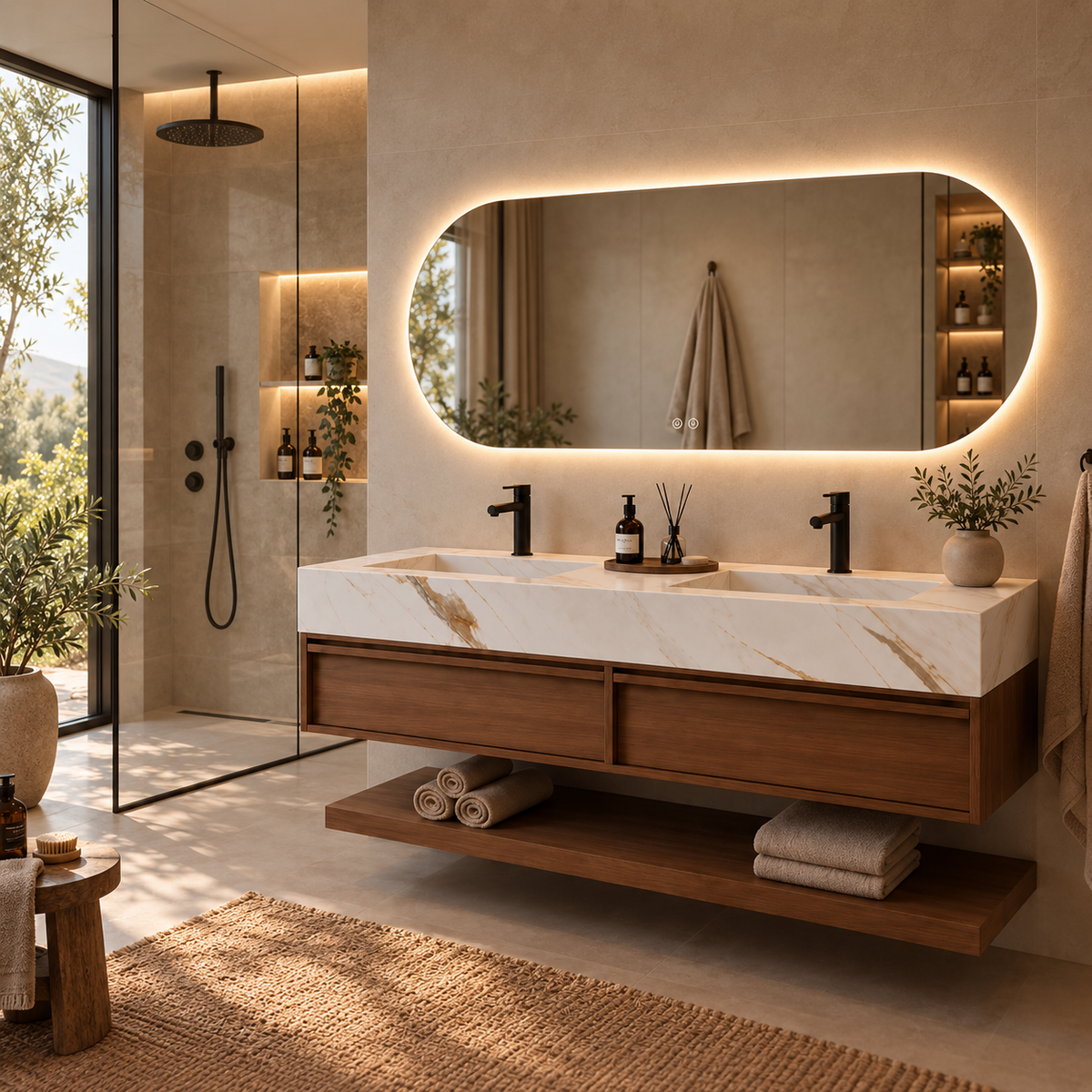 Mueble de baño Alira 140 cm en nogal con doble lavabo Calacatta Gold y espejo oval LED