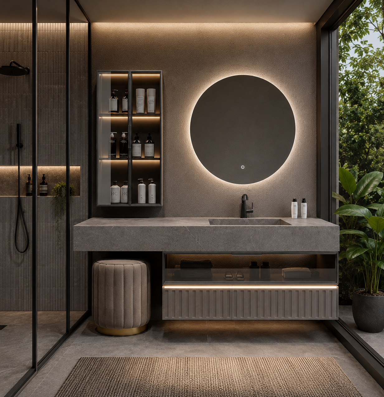 Mueble de baño Eclipse 140 cm con piedra sinterizada mate, vitrina LED y espejo redondo iluminado de 80