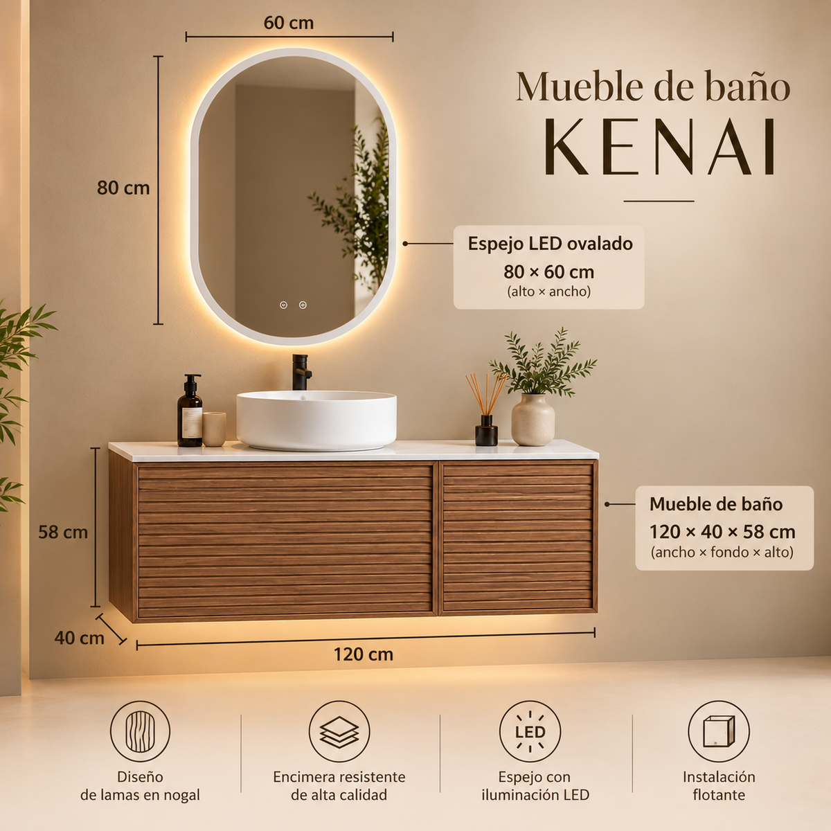Medidas del mueble de baño KENAI 120 x 40 x 58 cm con espejo LED ovalado de 80 x 60 cm