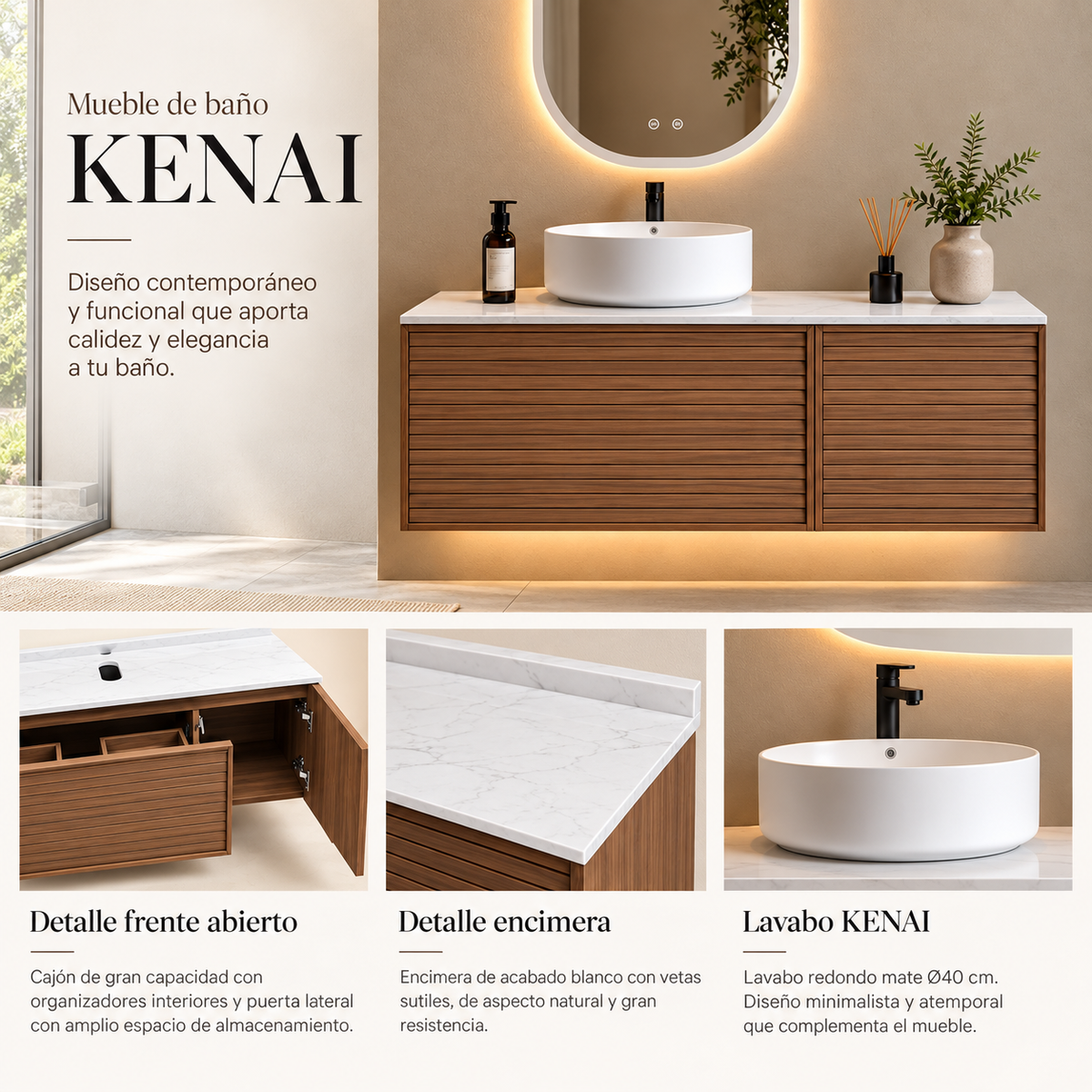 Detalles del mueble de baño KENAI con frontal acabado nogal, encimera blanca y lavabo redondo mate