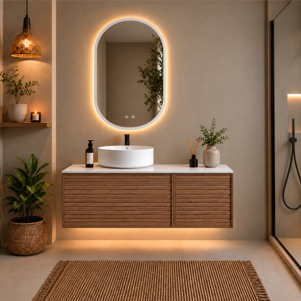 Mueble de baño KENAI acabado nogal de 120 cm con lavabo redondo blanco y espejo LED ovalado