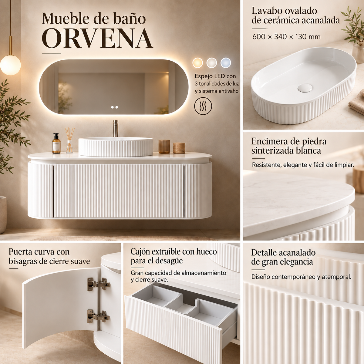 Detalles del mueble de baño ORVENA con lavabo ovalado, encimera de piedra sinterizada y espejo LED antivaho