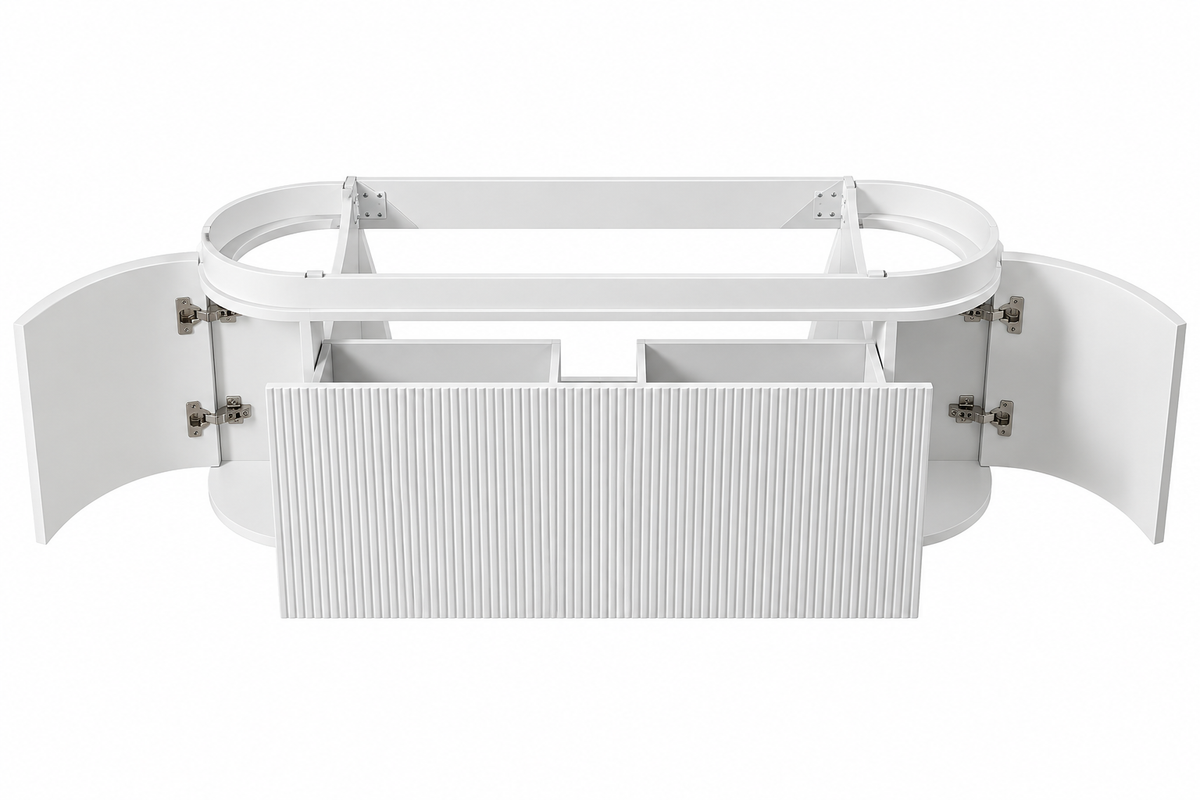 Interior del mueble de baño ORVENA con cajón adaptado para desagüe y puertas laterales curvas