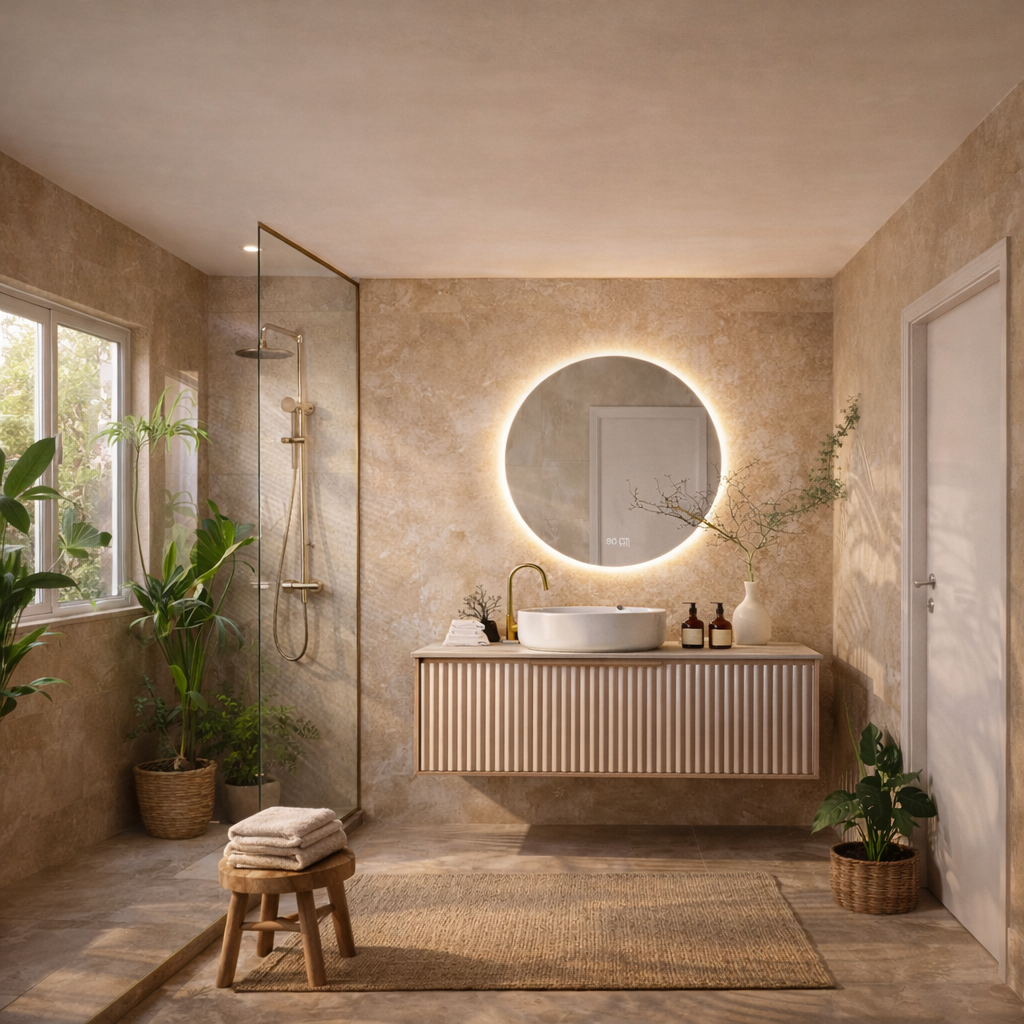 Mueble de baño suspendido Mavi 100 con lavabo redondo blanco y espejo LED Ø80 cm en ambiente moderno