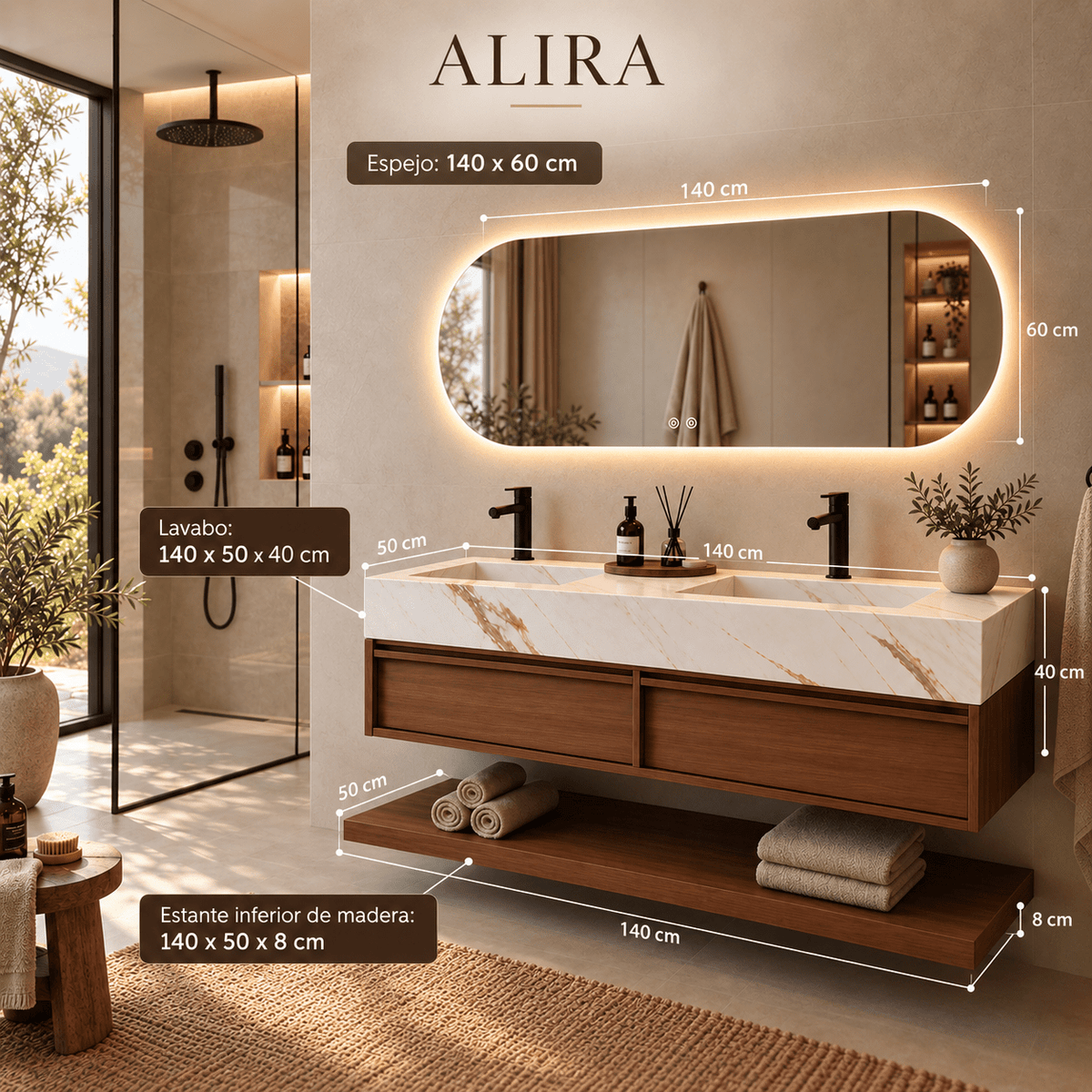 Alira 140 Badezimmermöbel · Walnuss und Calacatta-Gold mit ovalem LED-Spiegel - Vintahome