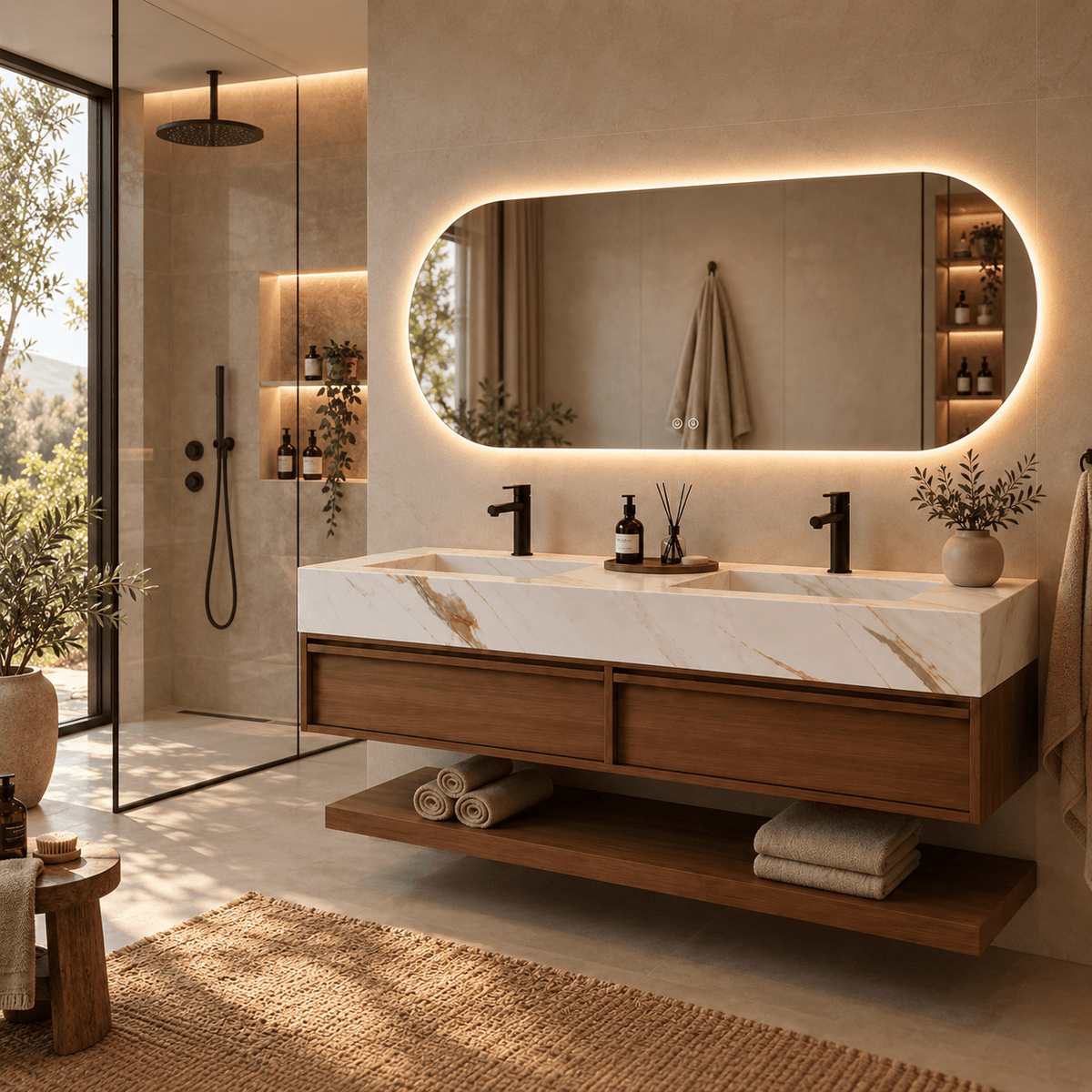 Mueble de baño Alira 140 · Nogal y Calacatta Oro con Espejo Oval LED - Vintahome