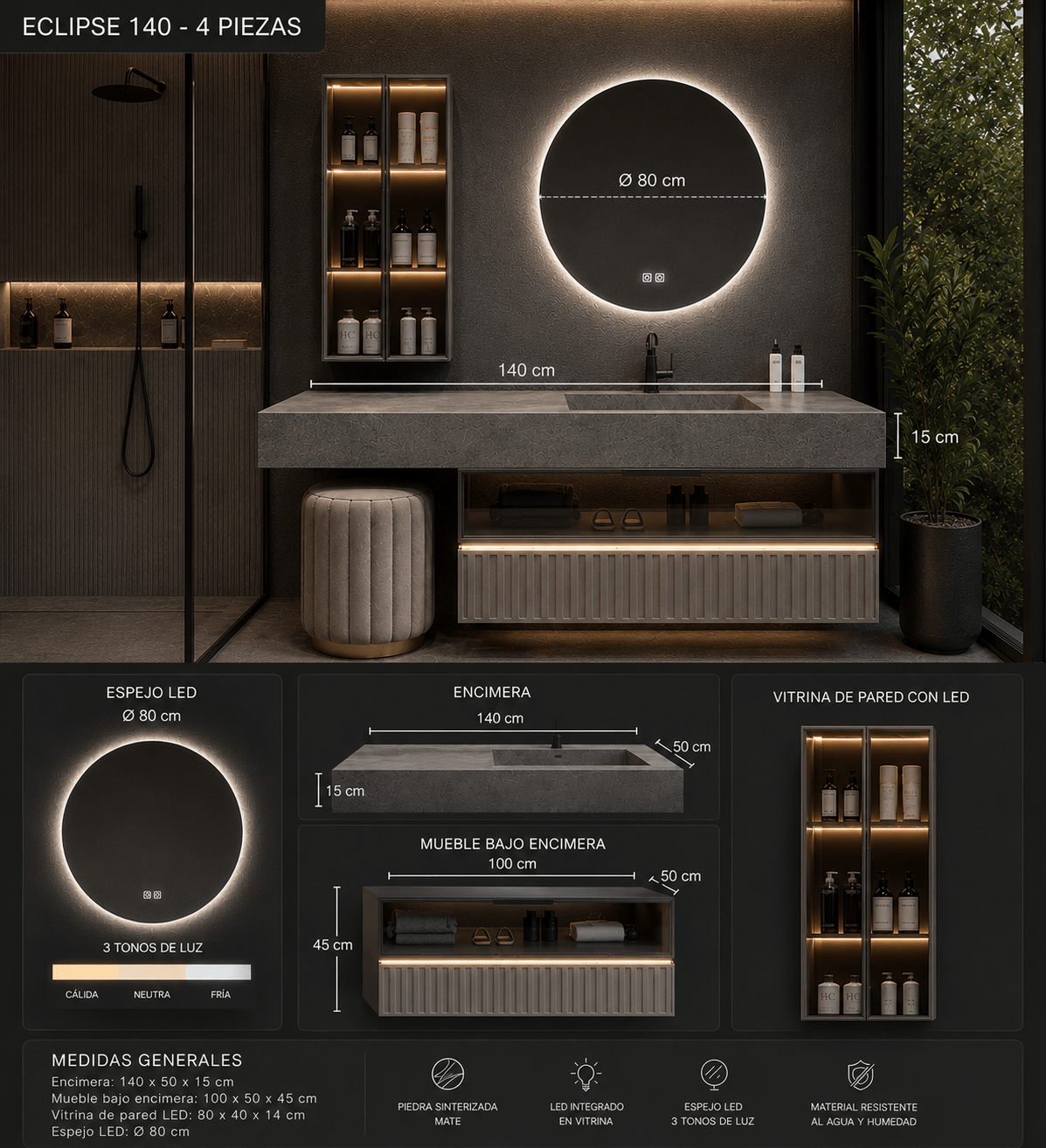 Mueble de baño Eclipse 140 cm 4 piezas con espejo led - Vintahome