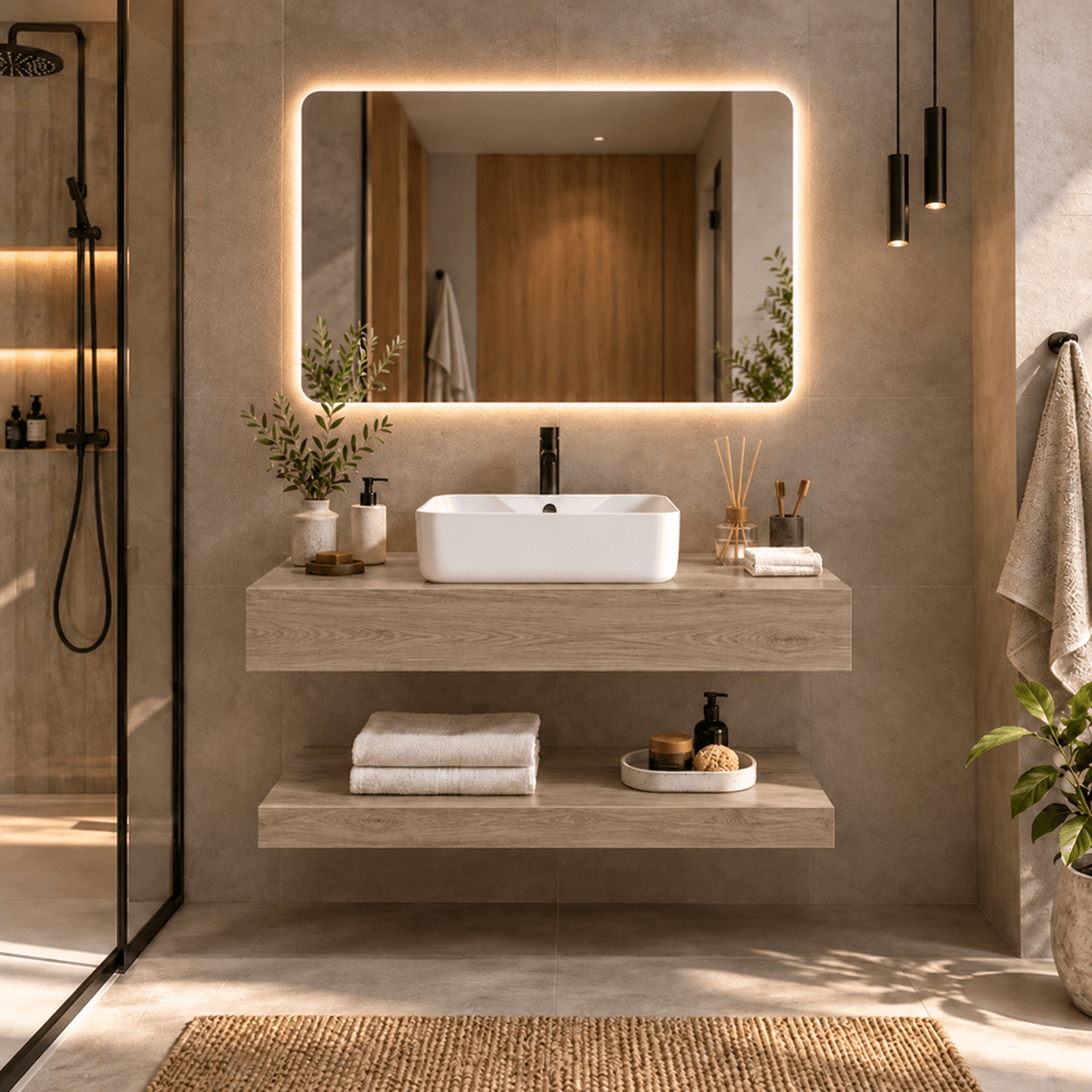 Mueble de Baño Encimera 1 Lavabo y Espejo LED KAEL Natural – 100/120 cm - Vintahome