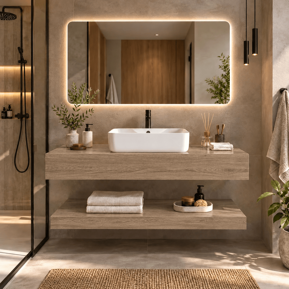 Mueble de Baño Encimera 1 Lavabo y Espejo LED KAEL Natural – 100/120 cm - Vintahome