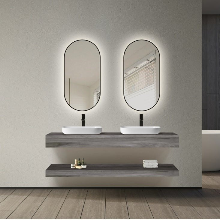 Móvel de casa de banho com bancada e 2 cubas 140 + espelhos LED cinza Mauricio