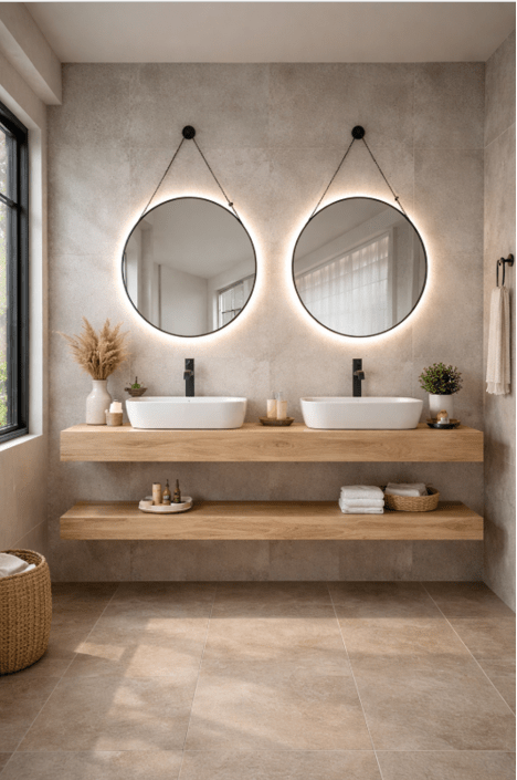 Mueble de baño encimera 2 lavabos 140 + espejos led Mauricio natural - Vintahome