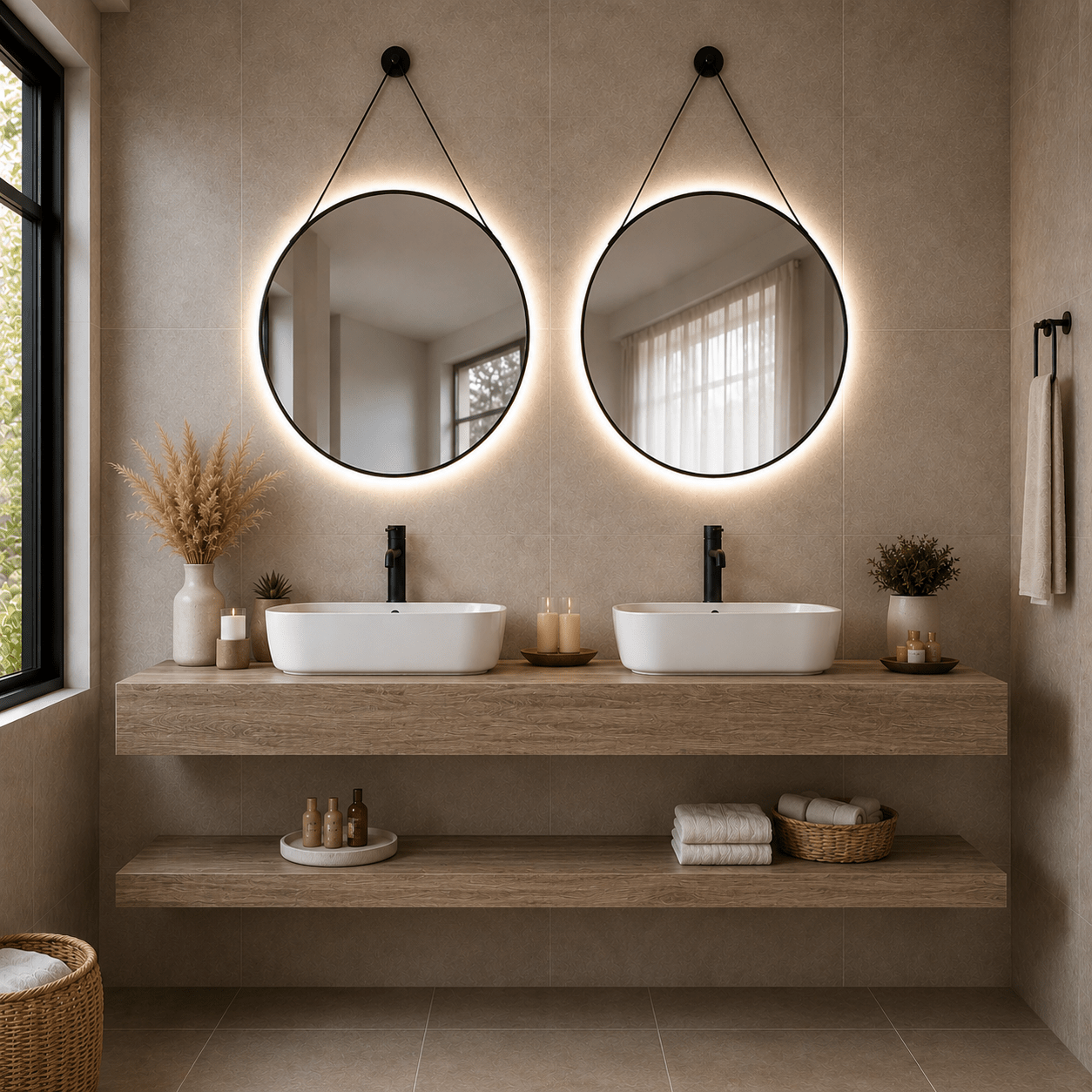 Mueble de baño encimera 2 lavabos 140 + espejos led Mauricio natural - Vintahome