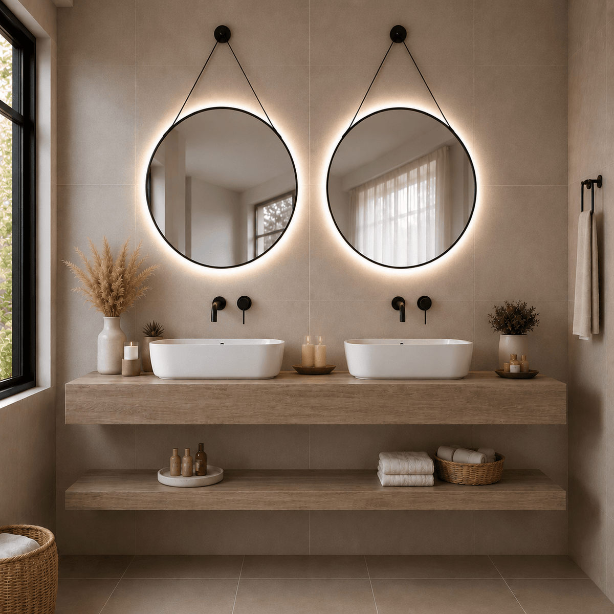 Mueble de baño encimera 2 lavabos 140 + espejos led Mauricio natural - Vintahome