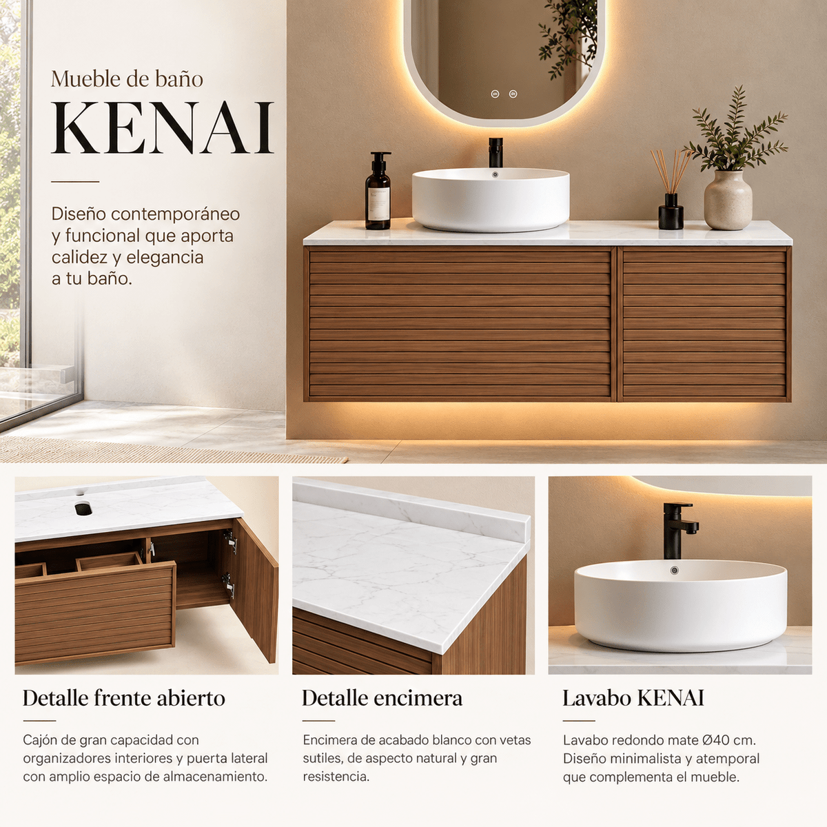 Mueble de Baño KENAI 120 cm con Lavabo sobre Encimera y Espejo LED - Vintahome